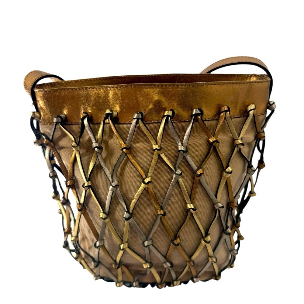 Maripe Genuine Leather Woven Lattice Shoulder Bag Metallic Gold Silver Copper